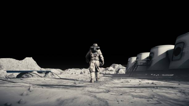 istock Astronaut in Space Suit Walking on Moon Surface with Alpha Channel. Space Station and Mars Rover 1436672209
