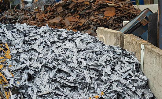 Heaps of ferrous and non-ferrous scrap metal at scrap works