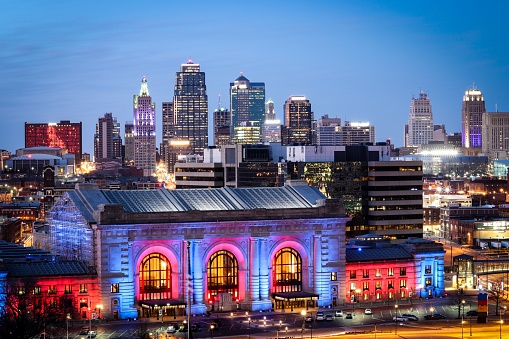 A beautiful shot of Union Station and sky scrappers against dusk sky in Kansas City, Missouri, United States