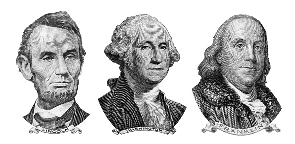 The US presidents George Washington, Benjamin Franklin, Abraham Lincoln