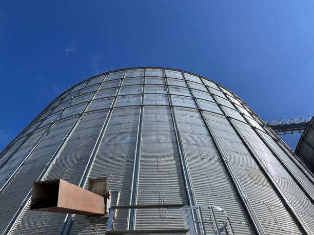 istock Industrial Silver Metal Silo wall feeder close up 1436673676