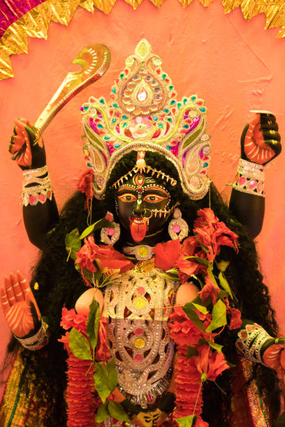Idol of Maa Kali in a village pandal – February 03, 2022: Idol of Maa Kali in a village pandal. Maa kali is the Hindu goddess of death, time, and doomsday kali statue stock pictures, royalty-free photos & images