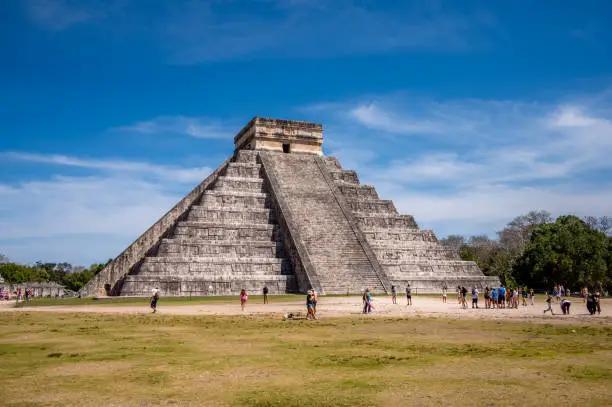 Piste, Mexico - March 25, 2022: View of El Castillo pyramid at Chichen Itza.