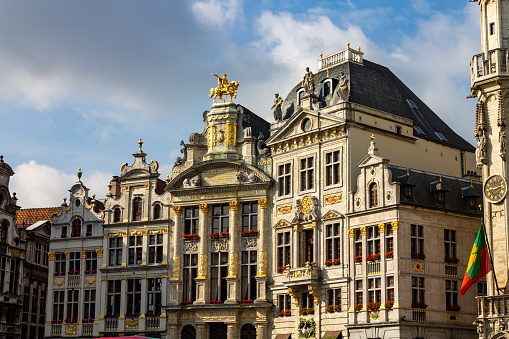 A perspective shot of the facade of a historical building in Grand Place in Brussels, Belgium.