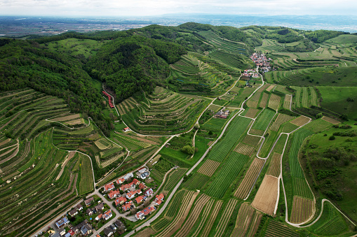 Aerial view of Freiburg vineyards under a cloudy sky in Germany