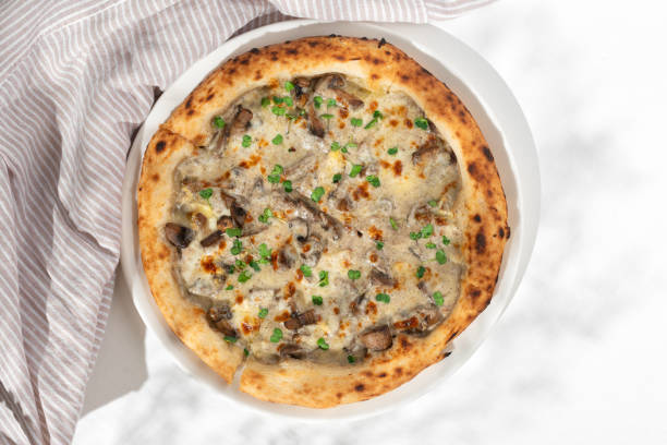 pizza with mushrooms and truffle sauce on white background for restaurant menu - basil tomato soup food and drink imagens e fotografias de stock