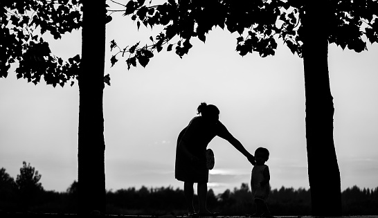 A grayscale shot of a silhouette of a mother and her child in a park
