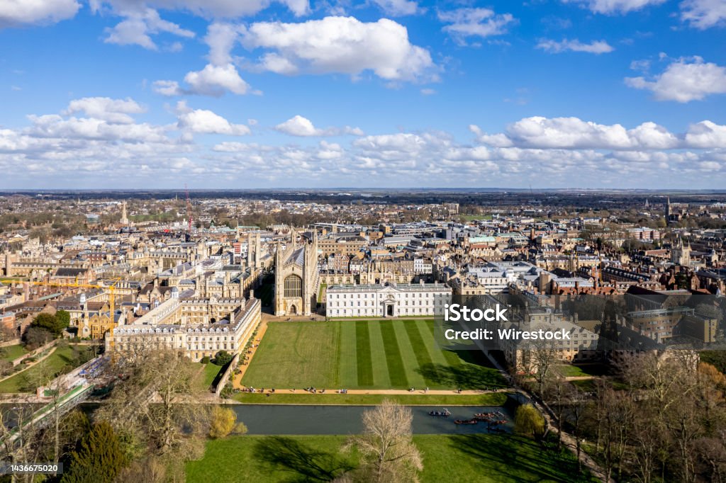 Aerial view of the university town of Cambridge, River Cam, UK Aerial view of the University of Cambridge, UK, sunny, cloudy, spring, King's College Chapel, River Cam, horizon Aerial View Stock Photo