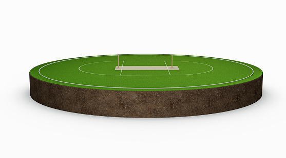 A 3d illustration of a cricket ground with a cricket field in its center pitch wickets