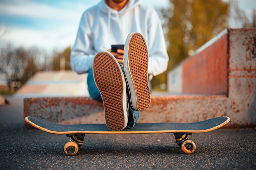 The close-up shot of a male model shoes on a skateboard