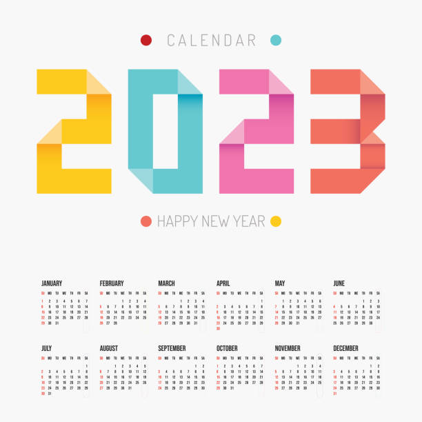 ilustraciones, imágenes clip art, dibujos animados e iconos de stock de 2023 origami calendario colorido feliz año nuevo diseño vectorial. - bienvenido agosto