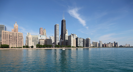 A scenic view of the skyline of Chicago, Illinois in the USA under a clear sky