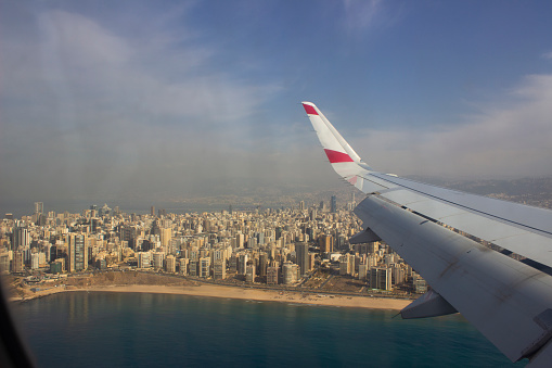 Aerial view of Beirut city and the port from plane, the capital of Lebanon