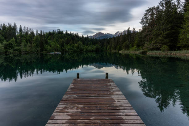 istock Panormaic view of deck on the lake with forest background 1436677079