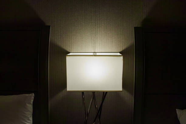 istock Closeup of a beautiful rectangular lamp shining next to two beds 1436677277