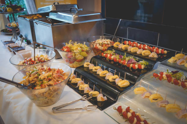 istock Closeup of a buffet reception table with delicious small appetizers and salads 1436677367