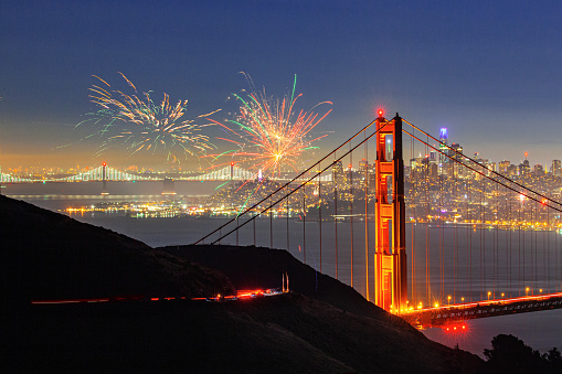 A breathtaking view of Golden Gate Bridge with the San Francisco city skyline and fireworks at night