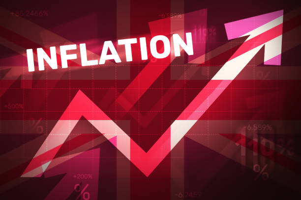 united kingdom increasing inflation concept background with uk flag and red growing graph with typography. rising inflation in europe concept backdrop - inflation stock illustrations