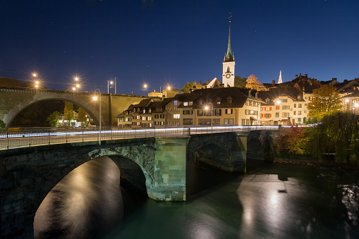 A night view of the Old City of Bern and the bridge over Aare river, Switzerland