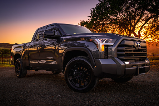 – May 03, 2022: The 2022 Toyota Tundra SR5 Double cab car during sunset in Fairfield, United States