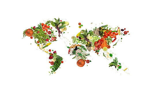 A world map design with ripe vegetables and herbs isolated on a white background