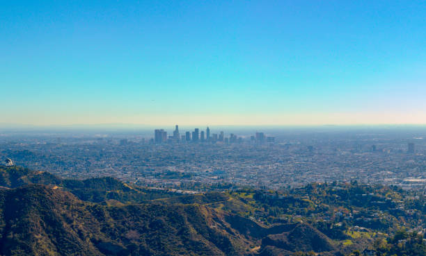 istock Panoramic view of Los Angeles downtown with a clear blue sky 1436681751