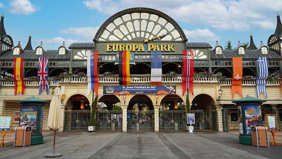 Rust, Germany – July 07, 2021: Entrance gate to famous Europa-Park in Rust