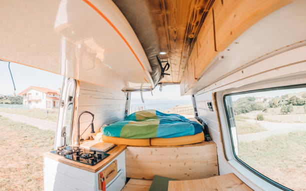istock Interior of an RV trailer with sleeping bags 1436682286