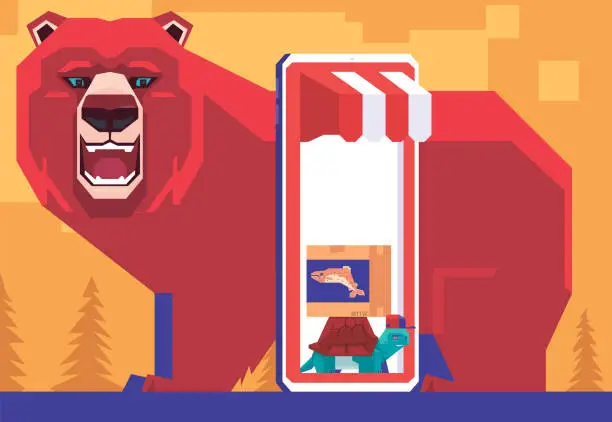 Vector illustration of bear screaming while meeting courier tortoise on smartphone online store