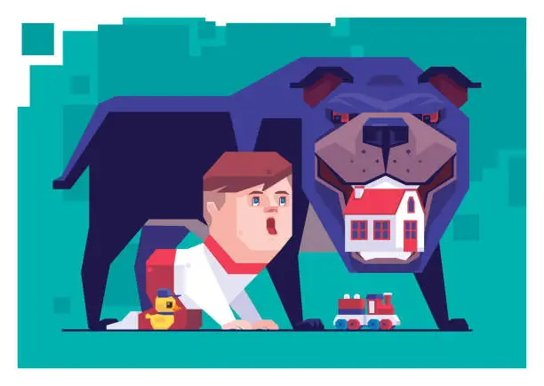 Vector illustration of dog holding house and standing beside little boy