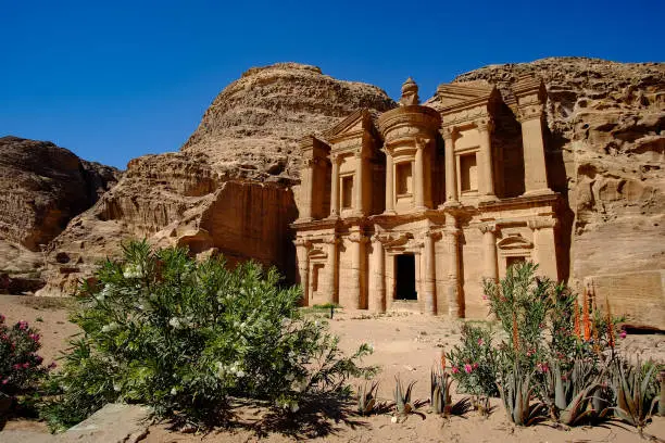 A beautiful view of Monastery Ad-Deir, Petra, Jordan on a sunny day