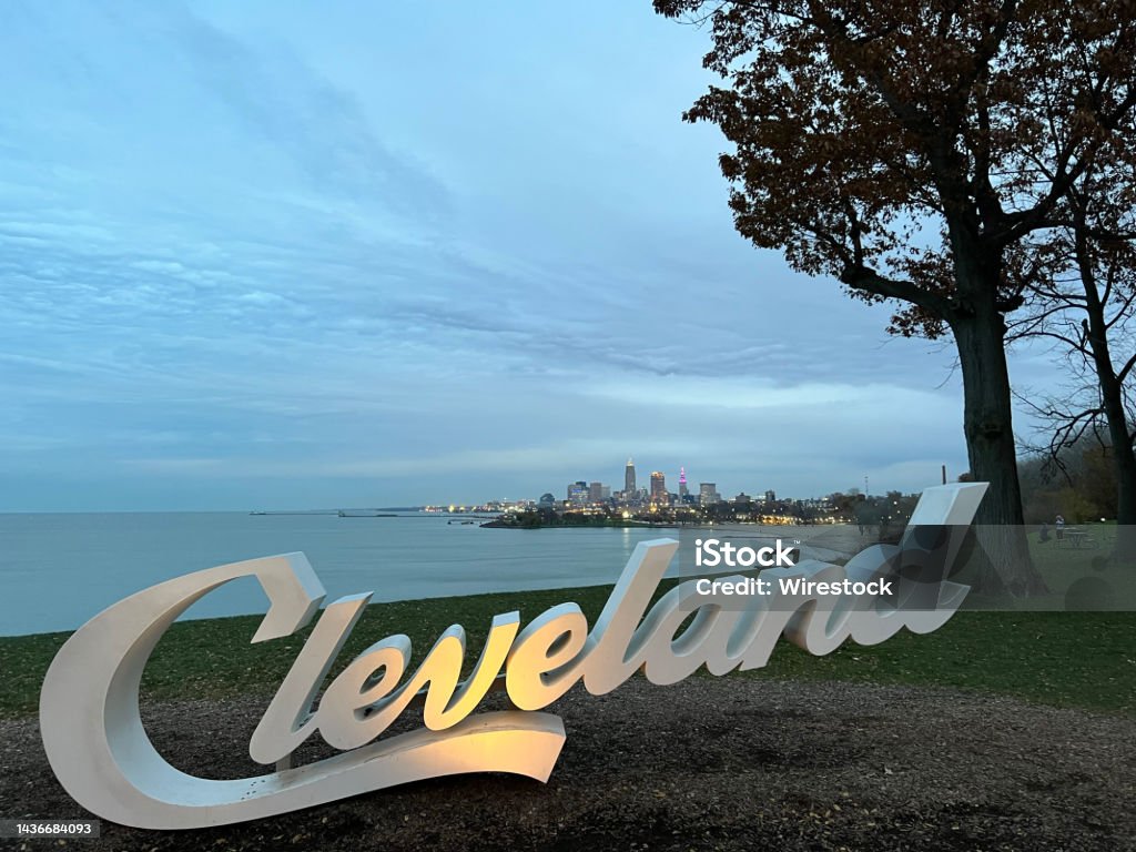 Closeup shot of the Cleveland sign with cityscape in the background A closeup shot of the Cleveland sign with cityscape in the background Cleveland - Ohio Stock Photo