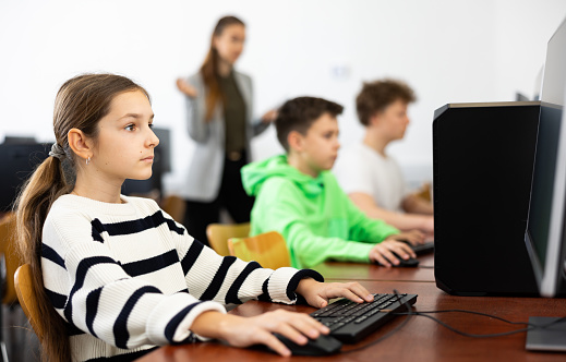 Schoolgirl using computer during computer sciene lesson in school.