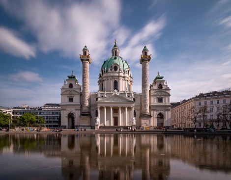 A beautiful view of the Karlskirche baroque church in Vienna, Austria