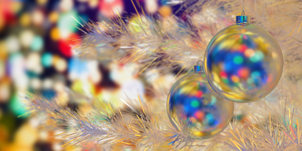 3D Merry Christmas 2022 - 2023 winter holiday concept: White Christmas tree branches with light reflecting glass balls on colorful bokeh lights New Year background with copy space. Realistic festive garland design template for product presentation.