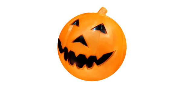 istock Halloween festival plastic pumpkin head isolated on white background. 1436687391