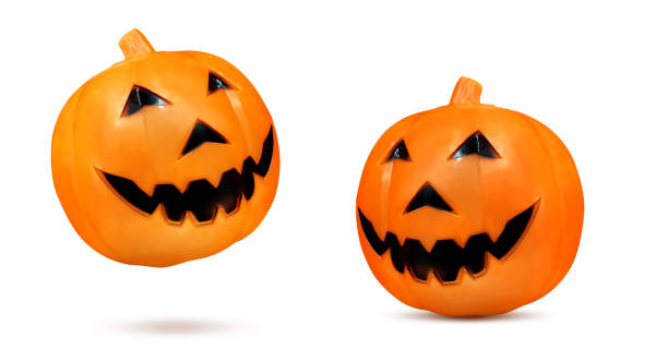 istock Halloween festival plastic pumpkin head isolated on white background. 1436687394
