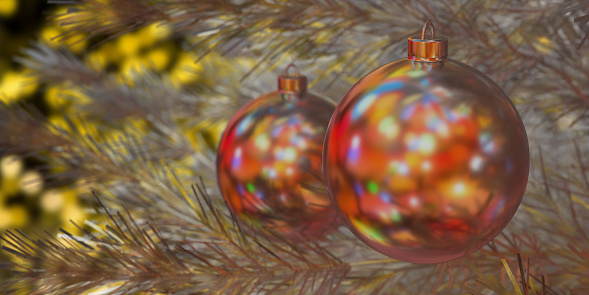 garland of light bulbs on defocused christmas lights background, shallow depth of field, copy space