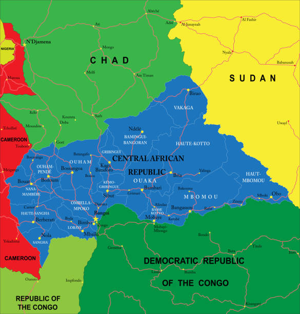 mapa polityczna republiki środkowoafrykańskiej - bangui stock illustrations