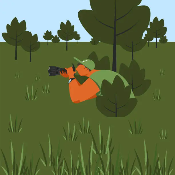 Vector illustration of photographer. vector image of a person with a camera. photographing in nature. hidden shooting