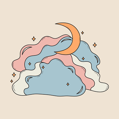 Abstract vector illustration of fluffy clouds, crescent and stars. Vintage colorful sky and moon. Cartoon symbol of night. Hand drawn retro drawing