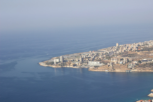 Aerial Panoramic view from top of Harissa Mountain of Jounieh bay, Jbeil Governorate of Lebanon