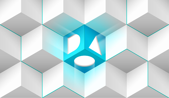 DAO vector illustration. Concept of Decentralized Autonomous Organisation, smart contract, cryptocurrency, blockchain technology for infographics. Abstract volumetric geometric background, wallpaper.