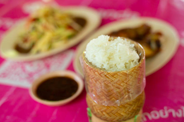 Wooden bamboo traditional style box with Thai sticky rice