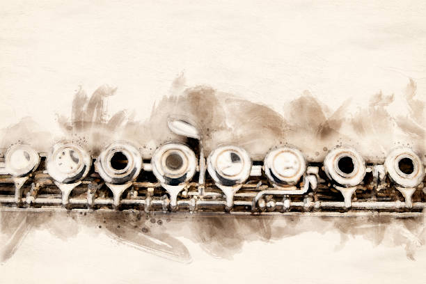 플룻 악기 부분 수채화 - wind instrument 이미지 stock illustrations