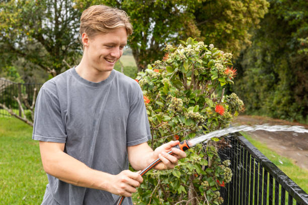 Young Man Watering the Garden with a Hose