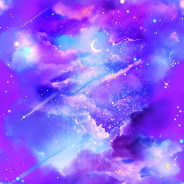 istock Seamless pattern square type illustration of the night sky with fluffy clouds, stars and a crescent moon 1436694944
