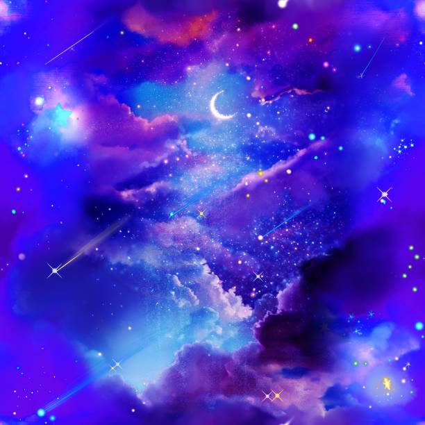 istock Seamless pattern square type illustration of the night sky with fluffy clouds, stars and a crescent moon 1436694946