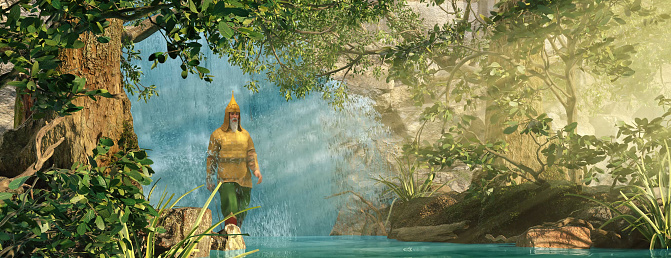 Medieval knight emerge from the waterfall. Portrait of a mighty warrior, king, hero, soldier in war, conquest, crusade. Dramatic cinematic scene. 3D rendering