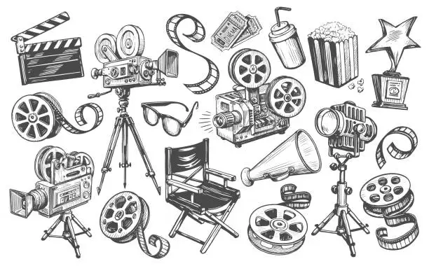 Vector illustration of Cinema set in sketch style. Making movie, film screening, tv, video concept. Hand drawn vintage vector illustration